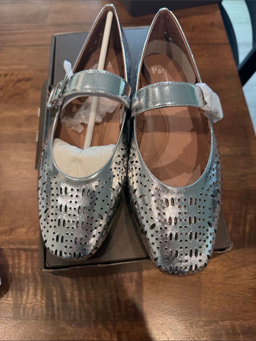 Paolo Silver Perforated Mary Jane Flats